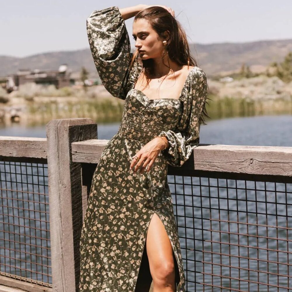 Green Floral Velvet Midi Dress